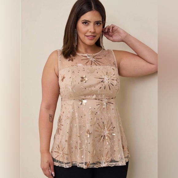 Torrid Rose Gold Sequin Mesh Babydoll Top NWT Size 00 - Picture 1 of 16
